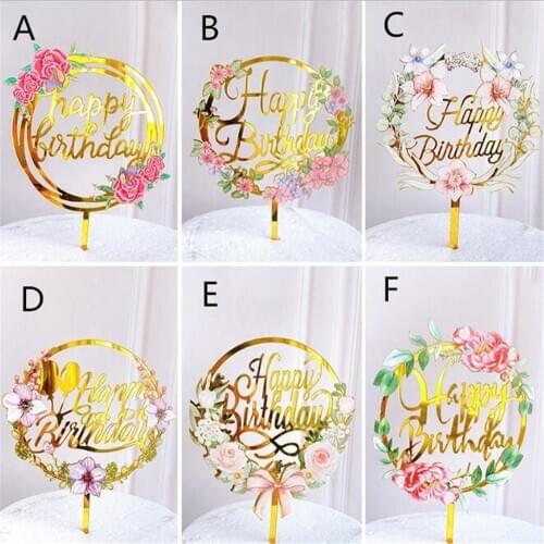New 200pcs/lot Colored flowers Happy Birthday Cake Topper Golden Acrylic Birthday party Dessert decoration