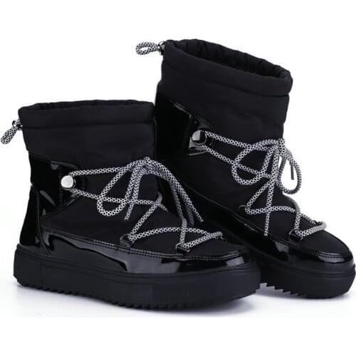 New Leather Woman Snow Boots Natural Fur Snow Boots Warm Wool Womens Lace-Up Round Toe Flat with Winter Boots Botas Mujer