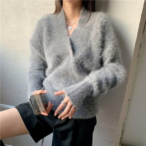 New Autumn Winter 2021 White Long-sleeve Knitting Jumper Female Fall New Soft Pullover Ladies Woman V-neck Mink Cashmere Sweater