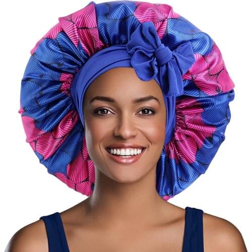 Extra Large Satin Sleeping Cap Hair Bonnet For Women African Pattern Ankara Print Long Tail Bonnets Wide Stretchy Band Hat