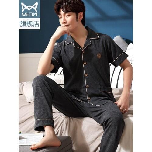 Cotton pajamas mens new summer cardigan short sleeve thin size can go out short sleeve trousers home service suit