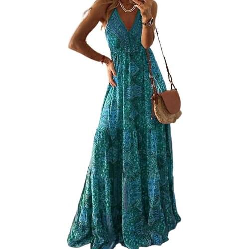 Summer Dress Vintage Print Spaghetti Strap 2021 New Bohemian Sleeveless Backless Deep V Neck Dress for Beach Womens Clothing