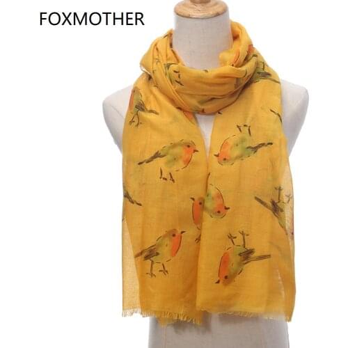 FOXMOTHER New Fashion Ladies Shawl Wraps Yellow Pink Birds Print Scarfs For Women Foulard Femme Gifts