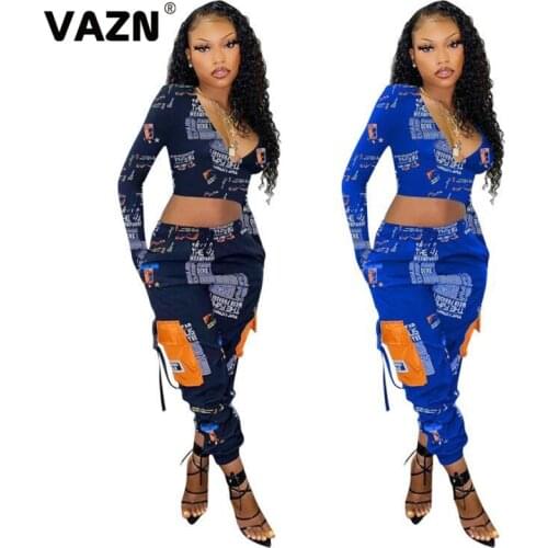 VAZN 2020 Casual Daily Bandage V-neck Print Sport Running Sexy Clothing High Street Set Holiday Women Young Energetic Set