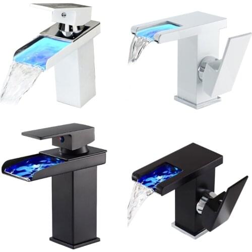 Bathroom LED Light Sink Faucet, Waterfall Spout Basin Faucet, Cold and Hot Water Mixer Sink Tap Brass Body(Black，White)