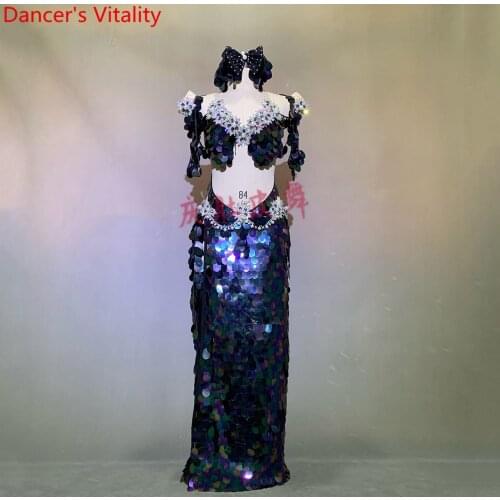 Belly Dance Performance Costume Glitter Sequin Skirt Bead Bra Bowknot Set Women Lady Oriental Indian Dancing Stage Wear