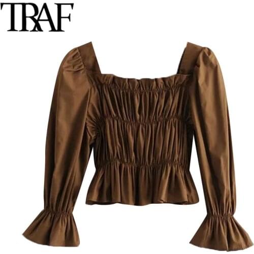 TRAF Women Fashion Ruffle Smocked Elastic Cropped Blouses Vintage Square Collar Long Sleeve Female Shirts Chic Tops