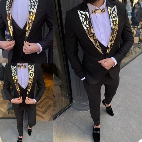 High Quality Crystal Beading Mens Tuxedos Groom Wear Black One Button Wedding Blazer Suits Business Prom Party Jacket 2 Pieces
