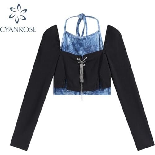 Womens Fake 2 Pieces Spliced Crop T Shirt Sexy Slim Backless Lace Up Tees Cardigan Cross Chain Long Sleeve Streetwear Pop Tops