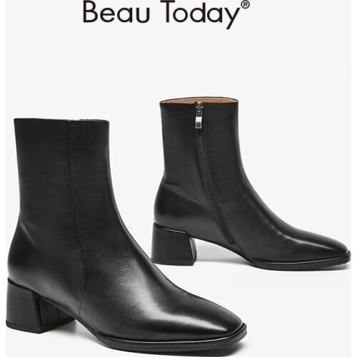 Women Ankle Boots Genuine Sheepskin Leather Mid Heel Square Toe Lady Boots with Side Zipper Closure Handmade BeauToday 03885
