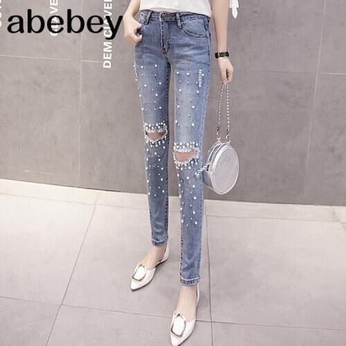 Women Fashion Destroyed Ripped pearled Slim Denim Pants Boyfriend Jeans Trousers Ladies Womens Daily Casual Jean Pant Clothing