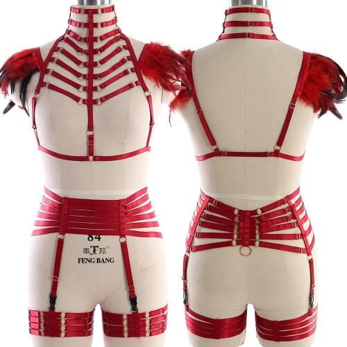 2pc Feathers Bra Womens Underwear Fetish Sexy Lingerie Sets Harness Belt Pole Dance Rave Exotic Costume Erotic Suspender Belt