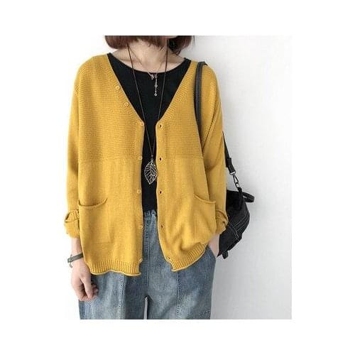 Ladies Casual Cardigan Knitted Button With Pockets 2021 New Yellow Black Femme Cardigans Sweater Coat Spring Autumn Tops