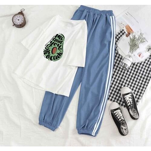 Pants Sets Fashion Top and Trousers Women Green Top Avocado Graphic T Shirts Streetwear Two Piece Set Women Summer Tracksuits