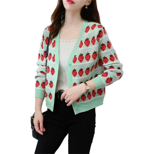 2021 New Chic Strawberry Jacquard Sweater Womens Button Down Cardigan Long Sleeve V Neck Strawberry Print Loose Knit Tops