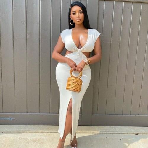 Gaono Elegant Women Deep V Neck Low Waist DS Sexy Hollow Out Sleeveless White Dress Summer Evening Party Beach Maxi Dress