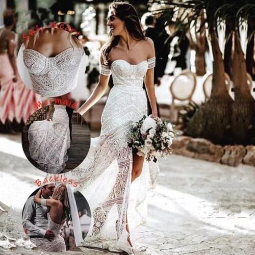 Simple Boho Mermaid lace Way From the shoulder trumpet Bohemian wedding dress Long beach bride dresses Vestido De