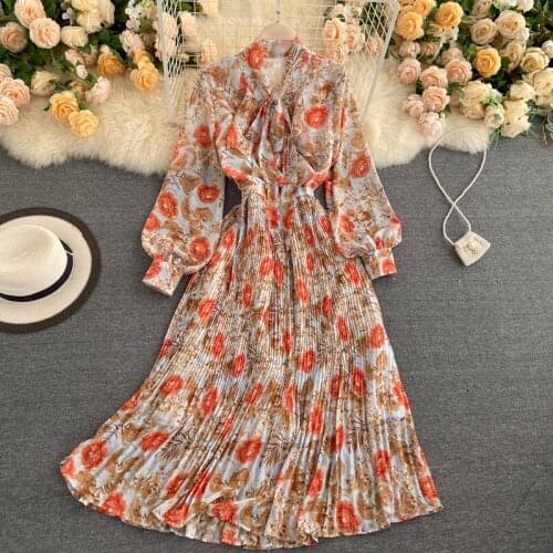 Women Korean Chiffon Print Dress O Neck Puff Sleeve Vacation A Line Dress Autumn Casual Bow Drawstring Pleated Dress