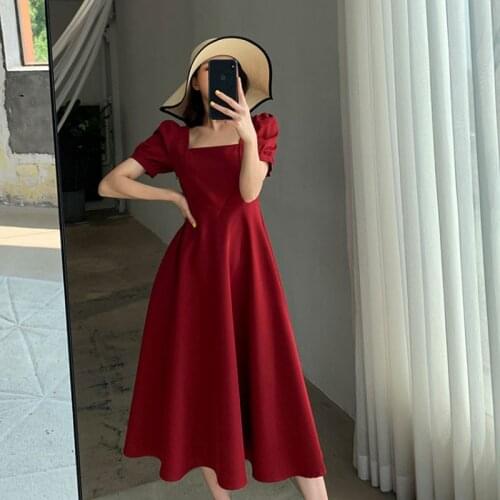 2021 New Summer Vintage Womens Dresses Square Collar Ladies Vestidos Dress Oversized Female A-Line Robe Dress Clothing KE978