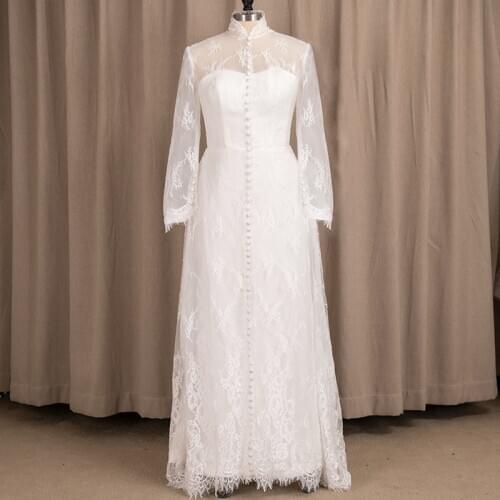 #9231 100% Real Photos Stand Collar Boho Lace Floor Length Plus White Wedding Dress For Mature Woman