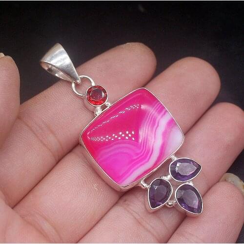 Hermosa Jewelry Gems Amethyst Garnet BotswanaAgate Silver Color Charm Fashion Necklace Pendant for Women Gifts 65mm FQ80