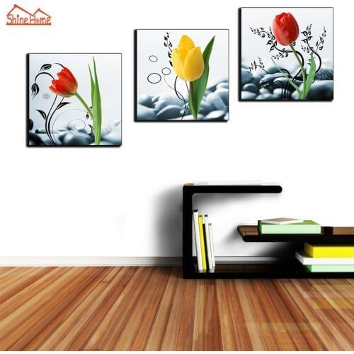 ShineHome-3pc Red Rose Flower Blossom Wall Canvas Painting Triptych Picture Nature Prints for Living Room Decorative Home Decor
