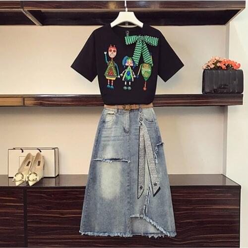Two piece Denim Skirt Set Women Summer Sequines Embroidery Bowknot Short Sleeve Tshirt + Ribbon bow Pendant irregular Skirt Suit