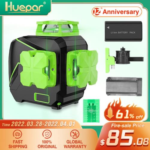 Huepar 12 lines 3D Cross Line Laser Level Self-leveling Green Beam Vertical & Horizontal with USB Charger Use Dry Li-ion Battery