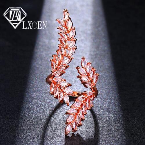 LXOEN Exquisite Shiny Leaf Shape Cubic Zircon Adjustable Ring for Women Gold Color Crystal Bague Gift Jewelry Party