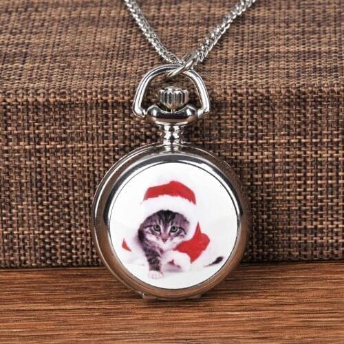 Small pocket watch silver ceramic piece cat cute Kitty pocket watch with necklace