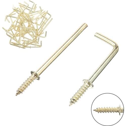 Mayitr 50pcs/set 4 Sizes DIY L Shaped Brass Plated Screw Dresser Cup Hooks Hanging Hangers Fastener tools Hardware Tools