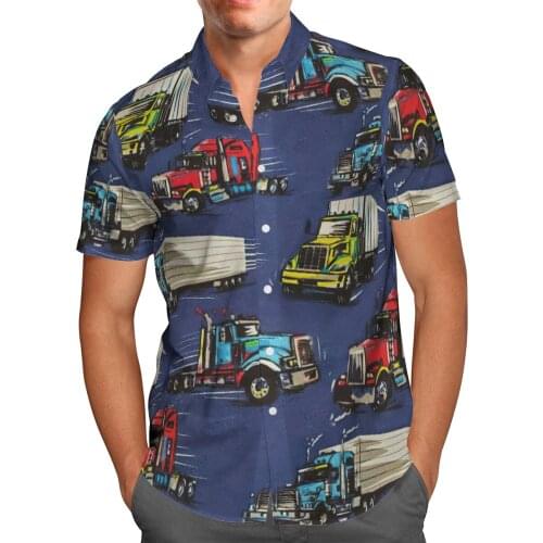 Car Truck Print Short Sleeve Shirts For Men Loose Cardigan Button Shirts Plus Size Hawaiian Style Summer 2021 Ventilated Shirt