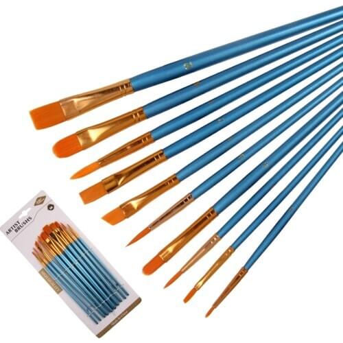10 Pcs Pearlescent Blue Rod Nylon Hair Multifunctional Sketch Brush Pen Watercolor Oil Paint Brush Set School Art Supplies