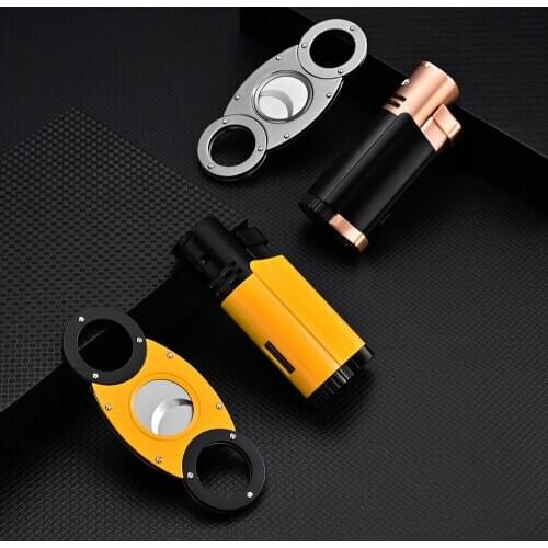 CIGARLOONG Cigar Lighter Cutter Set with Stainless Steel Cigar Cutter Scissors & Windproof Inflatable Lighter Gift Box