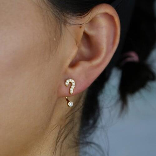 Real 925 sterling silver delicate dainty minimal stud micro pave cz Exclamation Question Mark Hip Hop Style geometric earring