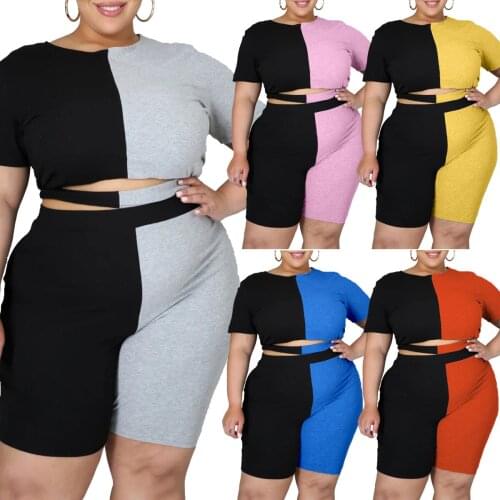Summer New Style European and American Fashion Plus Size Womens Clothing Pit Strip Color Matching Casual Two Piece Suit