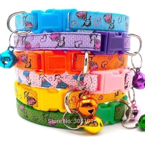 Wholesale 100X Delicate Girl Casual Nylon Dog Collar Neck Strap Fashion Adjustable Bell Pet Dog Collar Basic Halter Harnesses