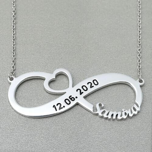 Personalized Infinity Necklace,Name Necklace with Heart,Custom Infinity Date Necklace,Gift for Her