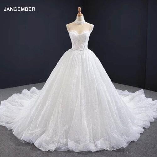 RSM67062 White Sexy Lace Transparent Sweetheart Collar Wedding Dress Bridal Beading Pearl Sequined Shiny Backless Trailing Dress