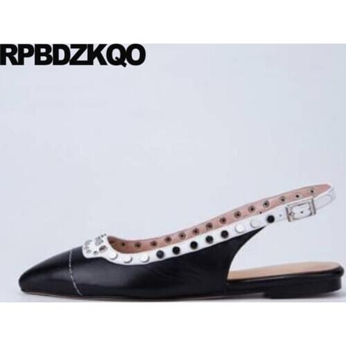 Summer sandals metal slingback shallow pointed toe genuine leather black designer shoes women luxury 2019 stud breathable rivet
