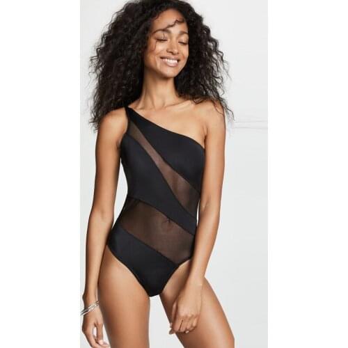 Sexy See Through One-shoulder Mesh One Piece Swimsuit Women Tummy Control Bathing Suits Woman 2020