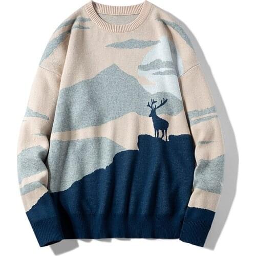 Spring and Autumn Cartoon Scenery Knitted Sweater Vintage Retro Harajuku Loose O-Neck Sweater Cotton Pullover Men Clothes