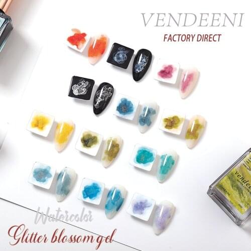 Vendeeni 12 Colors Gold Powder Blooming Gel Nail Polish Nail Paint Watercolor Ink Gel Lacquer Glitter Blossom Nail Gel Varnish