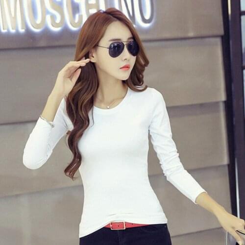 Women T-shirt Long Sleeve 2021 Spring Fashion Slim Shirt Solid O-Neck Tops Autumn Ladies Long Tight Bottom Elastic Basic T Shirt