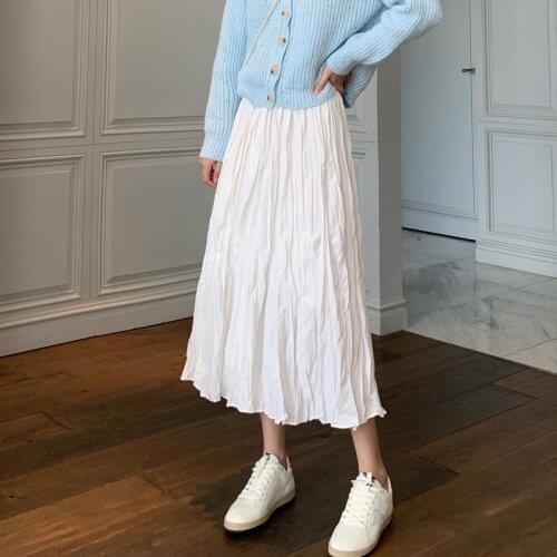 Korean Pleated Long Skirt Women 2021 Autumn Winter White Black Skirt Vintage High Waist Skirts jupe femme