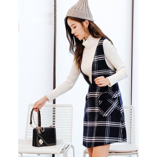 Women summer dresses Deep v-neck plaid straps dresses pullover The a-line plus size sleevelessShort Navy blue dresses