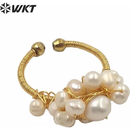 WT-MPR006 Lady white freshwater pearl rings with tiny charms gold electroplated wire wrapped fashion boho rings for wedding