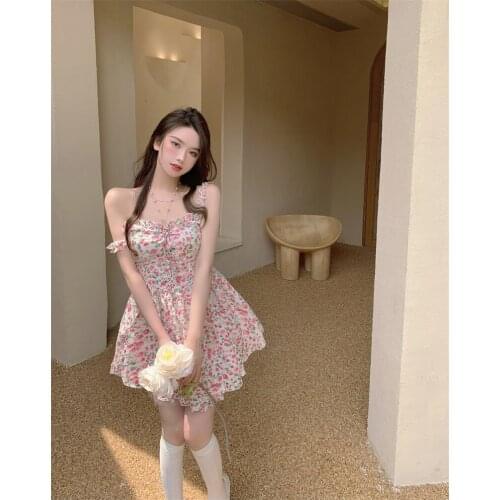 New floral retro sleeveless sling a-line French summer temperament waist slimming dress women