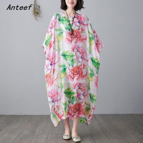 Short sleeve cotton linen vintage floral dresses for women casual loose long woman summer dress elegant clothes 2021