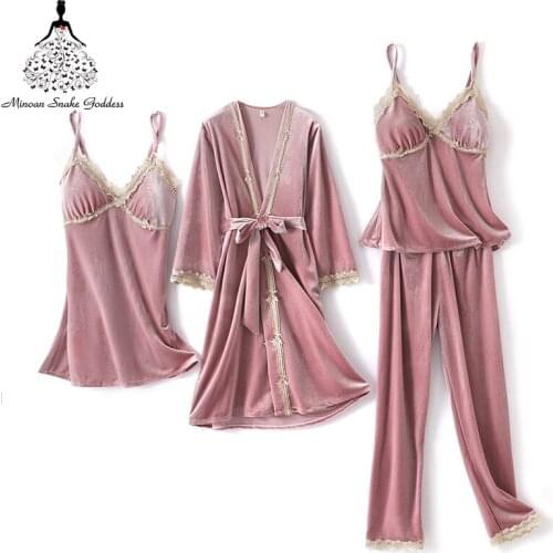 4PCS Gold Velvet Warm Winter Pajamas Sets Women Sexy Lace Robe Pajamas Sleepwear Sleeveless Nightwear Sleep Top
